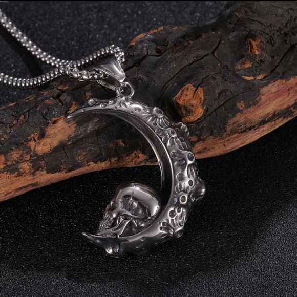 “Skull on the Moon” Regolith Lunar Crater Crescent Celestial Goth Steel Necklace - Picture 14 of 16